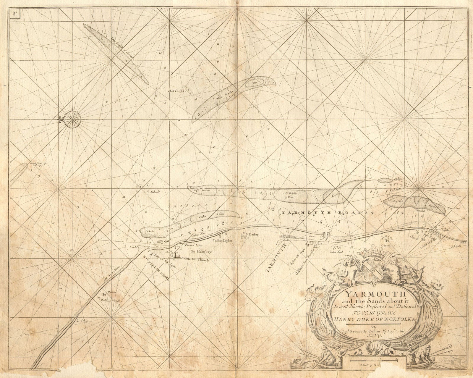 YARMOUTH. Norfolk coast sea chart. Lowestoft Caister. COLLINS c1755 old map